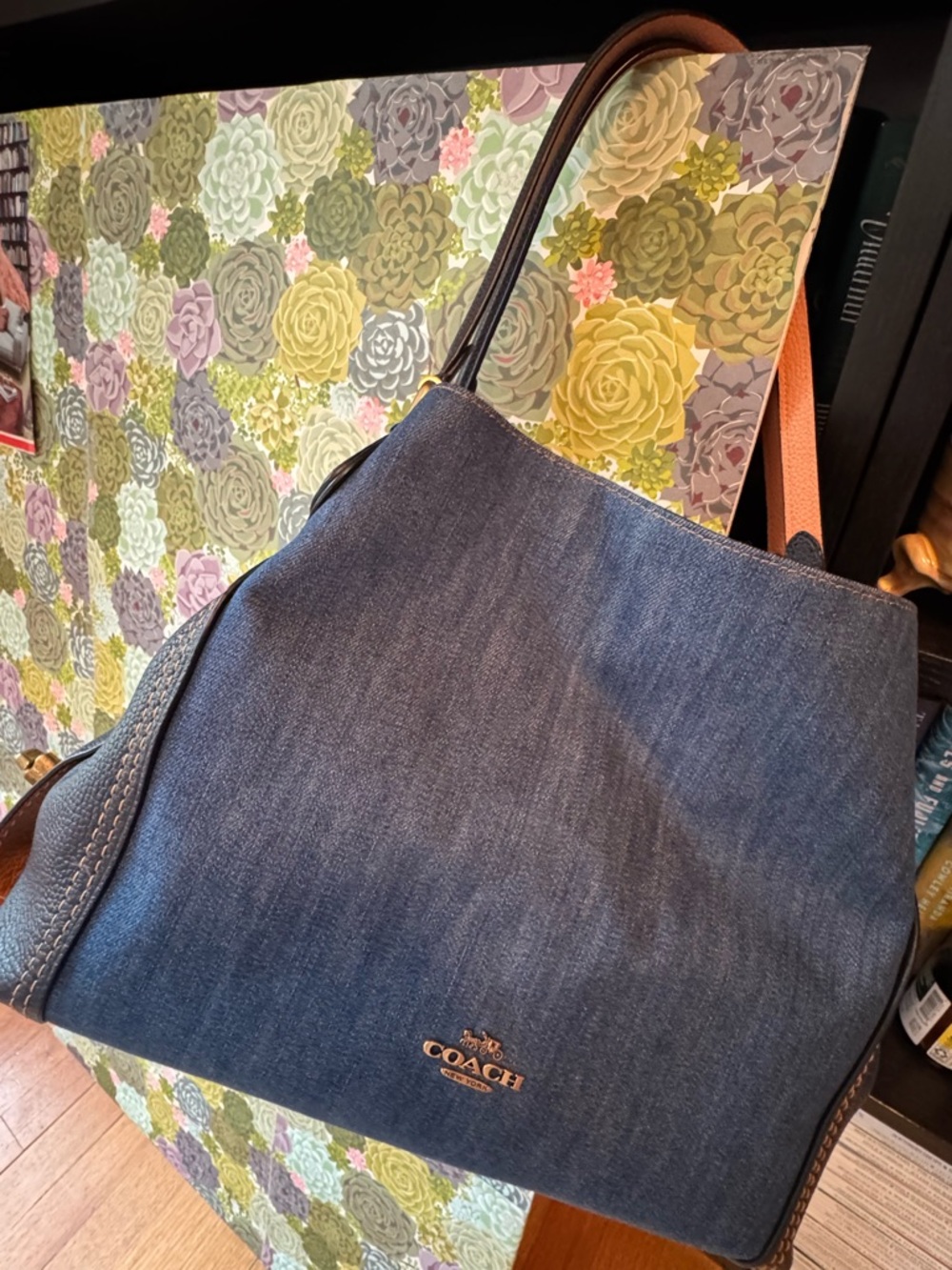 Coach Blue Denim Tote with Gold Logo and Navy and Tan Handles - Picture 3 of 10